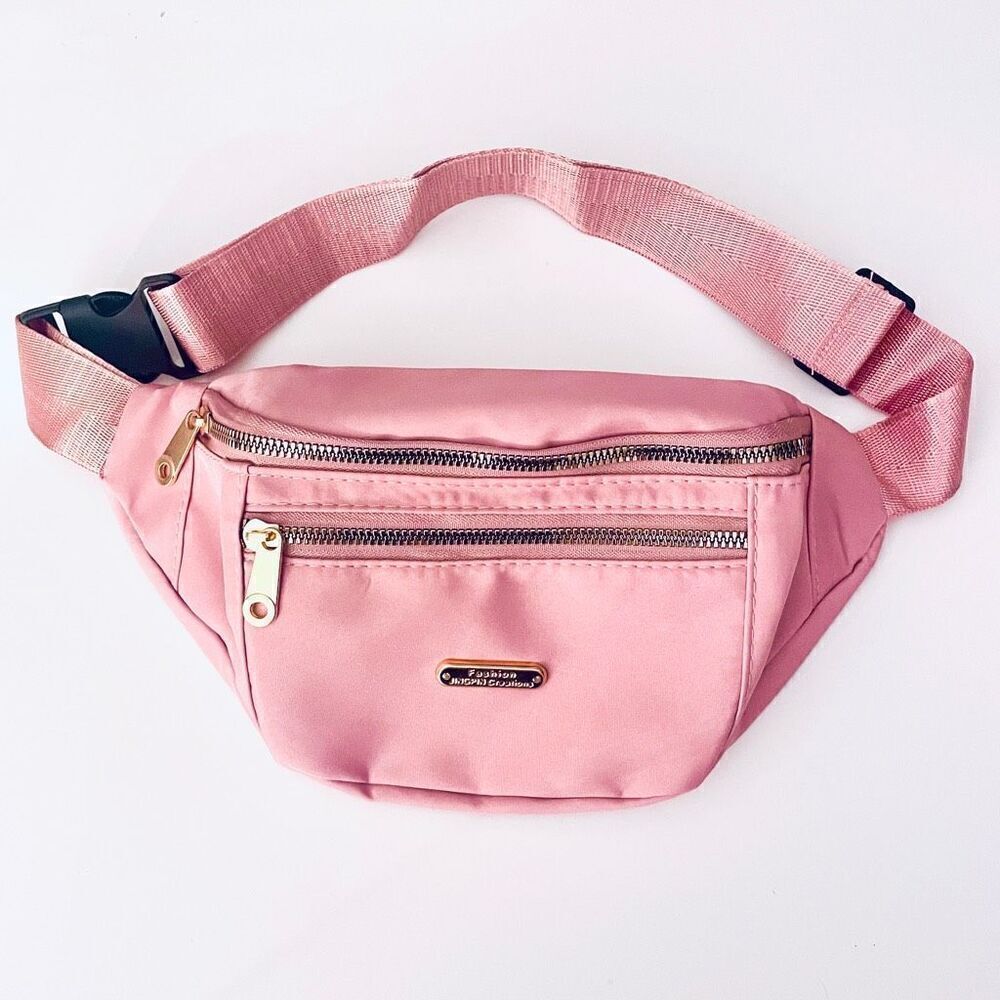 NWT Gorgeous Pink Nylon Sling Bag Fanny Pack with double gold zipper - Picture 9 of 12